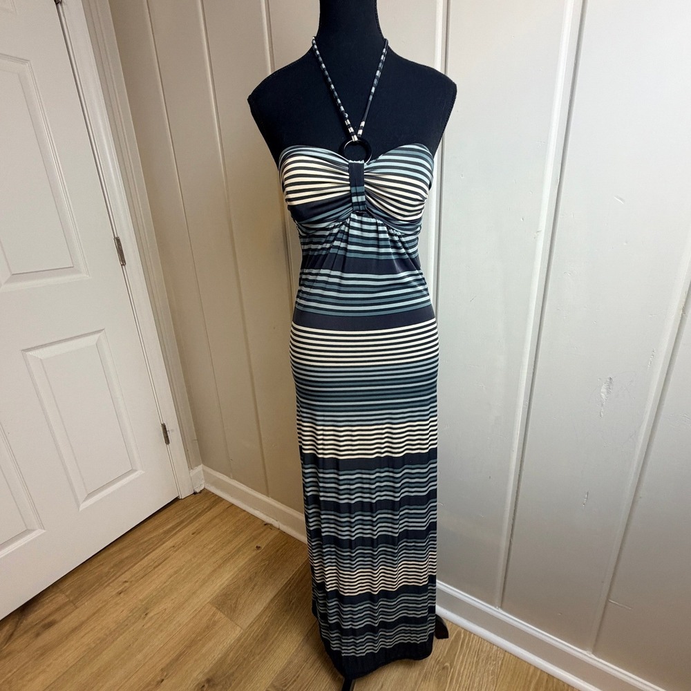 Cristinalove Blue Striped Halter Maxi Dress O-Ring Sweetheart Neck Small